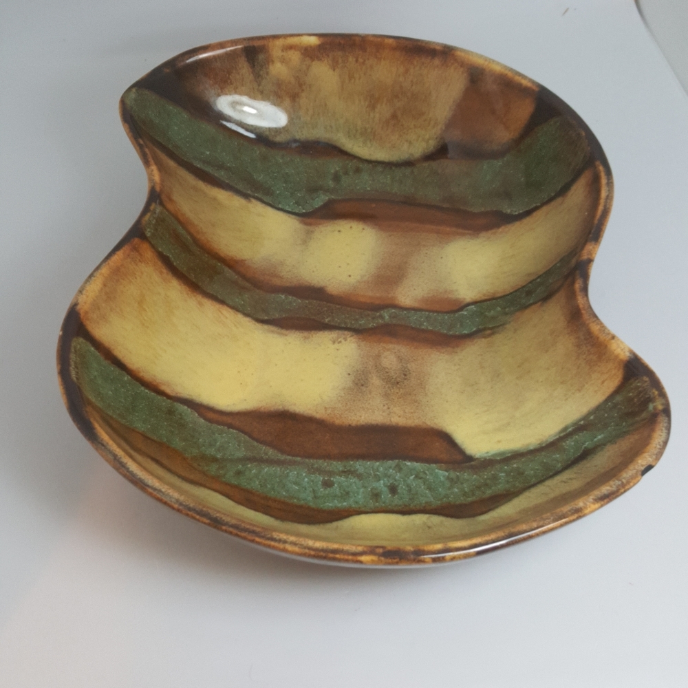 Dryden Pottery Bowl Drip Glaze Brown Yellow Teal 1